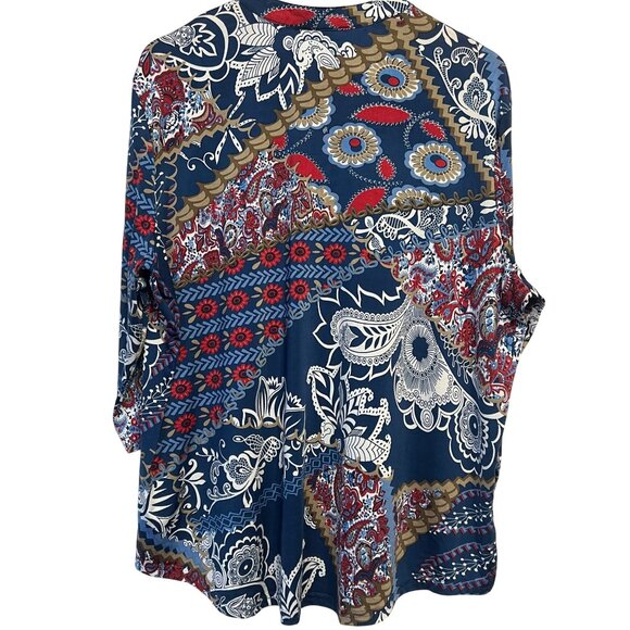 N Touch Women’s 1X Multicolor Floral Boho Tunic Top Button Details Blue Red - Picture 2 of 15
